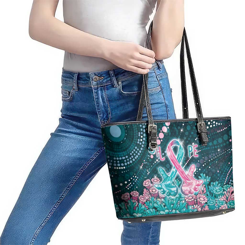 Hereditary Cancer Awareness Leather Tote Bag Hope Ribbon With Aussie Teal Duncan Coral
