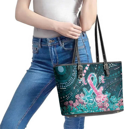 Hereditary Cancer Awareness Leather Tote Bag Hope Ribbon With Aussie Teal Duncan Coral