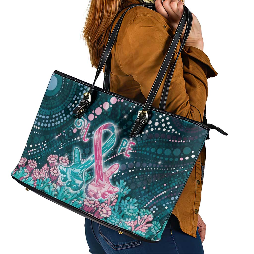 Hereditary Cancer Awareness Leather Tote Bag Hope Ribbon With Aussie Teal Duncan Coral