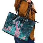 Hereditary Cancer Awareness Leather Tote Bag Hope Ribbon With Aussie Teal Duncan Coral