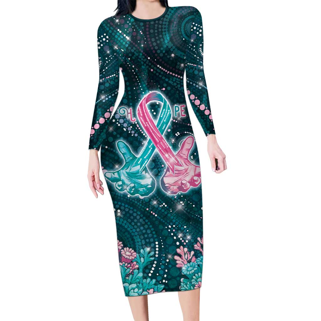 Personalised Hereditary Cancer Awareness Long Sleeve Bodycon Dress Hope Ribbon With Aussie Teal Duncan Coral