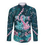 Personalised Hereditary Cancer Awareness Long Sleeve Button Shirt Hope Ribbon With Aussie Teal Duncan Coral