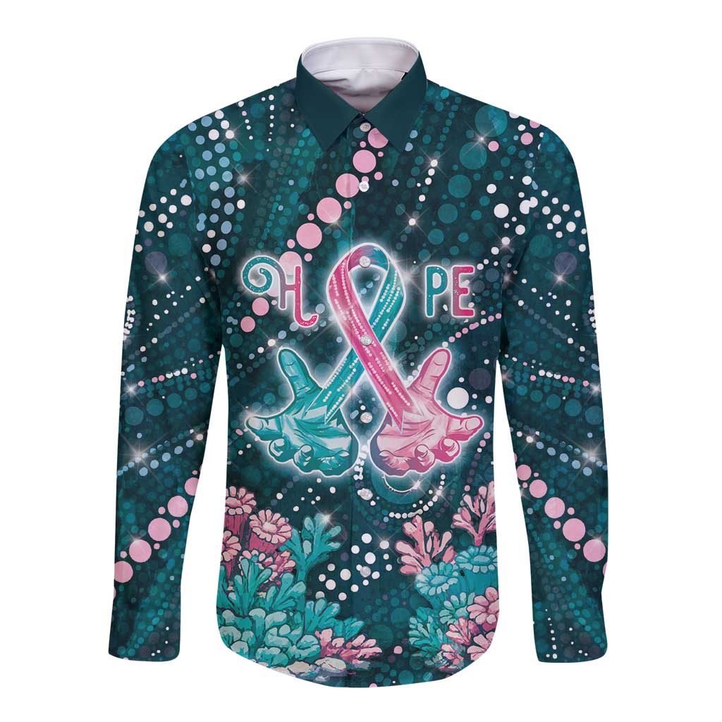 Personalised Hereditary Cancer Awareness Long Sleeve Button Shirt Hope Ribbon With Aussie Teal Duncan Coral