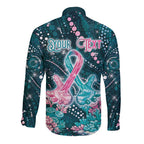 Personalised Hereditary Cancer Awareness Long Sleeve Button Shirt Hope Ribbon With Aussie Teal Duncan Coral