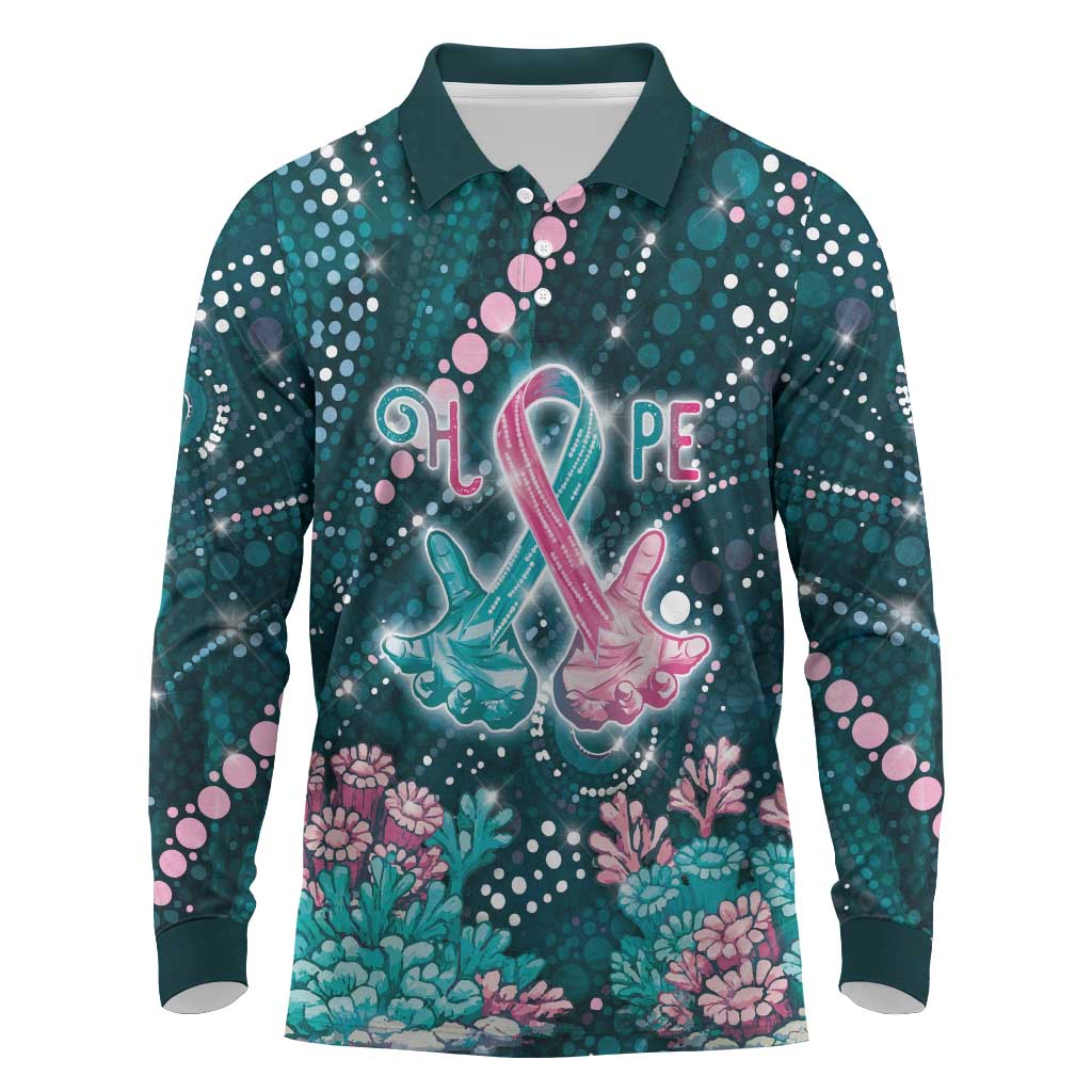 Personalised Hereditary Cancer Awareness Long Sleeve Polo Shirt Hope Ribbon With Aussie Teal Duncan Coral