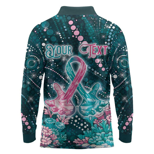Personalised Hereditary Cancer Awareness Long Sleeve Polo Shirt Hope Ribbon With Aussie Teal Duncan Coral