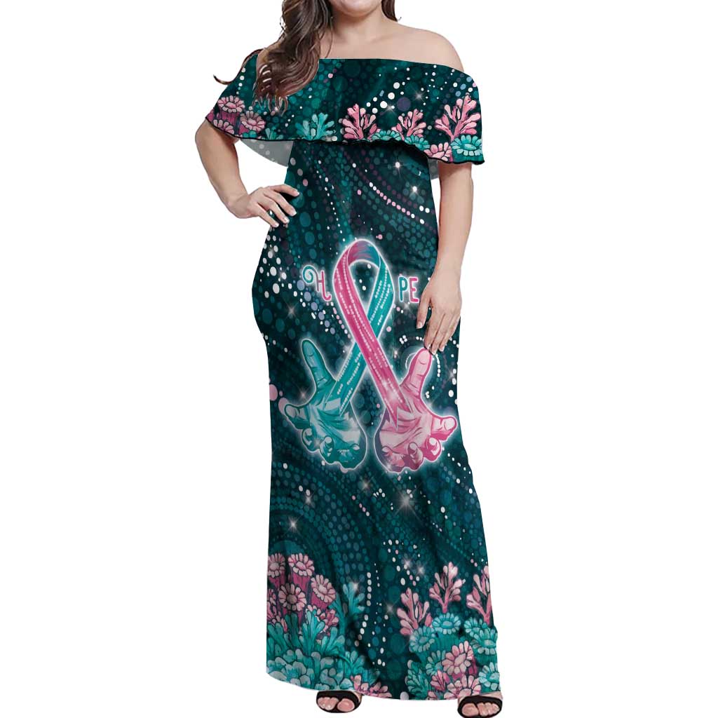 Personalised Hereditary Cancer Awareness Off Shoulder Maxi Dress Hope Ribbon With Aussie Teal Duncan Coral