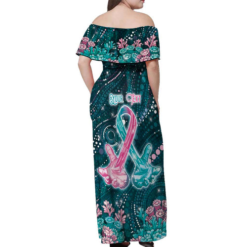 Personalised Hereditary Cancer Awareness Off Shoulder Maxi Dress Hope Ribbon With Aussie Teal Duncan Coral