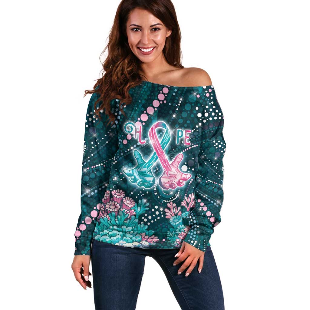 Personalised Hereditary Cancer Awareness Off Shoulder Sweater Hope Ribbon With Aussie Teal Duncan Coral