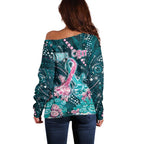 Personalised Hereditary Cancer Awareness Off Shoulder Sweater Hope Ribbon With Aussie Teal Duncan Coral
