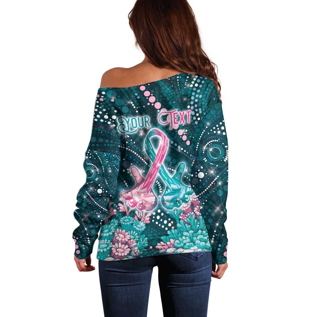 Personalised Hereditary Cancer Awareness Off Shoulder Sweater Hope Ribbon With Aussie Teal Duncan Coral