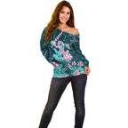 Personalised Hereditary Cancer Awareness Off Shoulder Sweater Hope Ribbon With Aussie Teal Duncan Coral