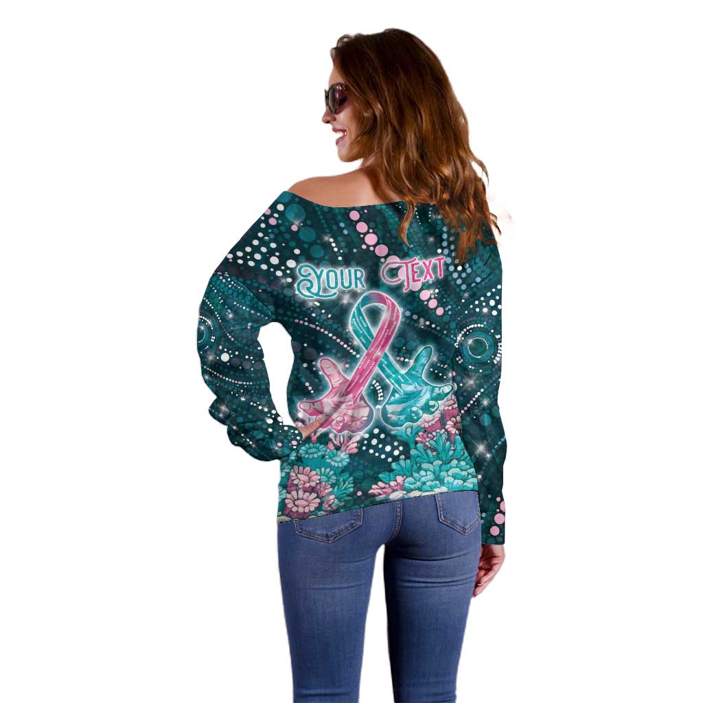 Personalised Hereditary Cancer Awareness Off Shoulder Sweater Hope Ribbon With Aussie Teal Duncan Coral