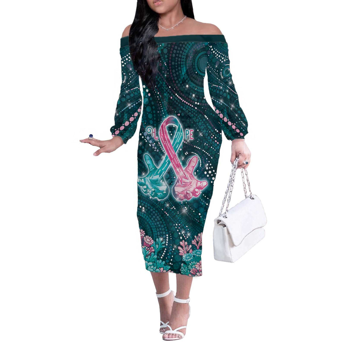 Personalised Hereditary Cancer Awareness Off The Shoulder Long Sleeve Dress Hope Ribbon With Aussie Teal Duncan Coral