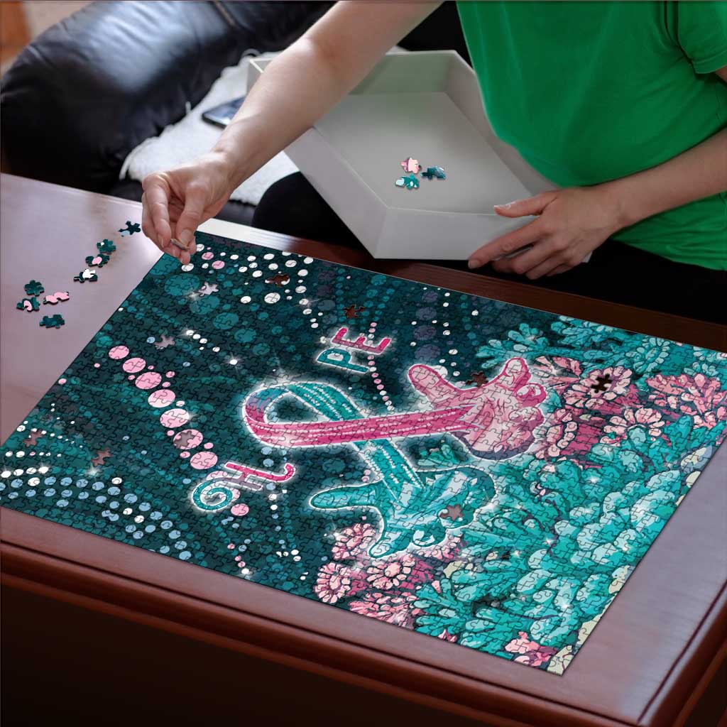 Hereditary Cancer Awareness Puzzle Hope Ribbon With Aussie Teal Duncan Coral