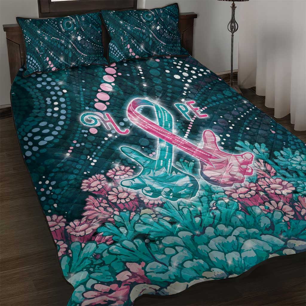 Hereditary Cancer Awareness Quilt Bed Set Hope Ribbon With Aussie Teal Duncan Coral