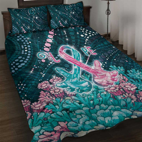 Hereditary Cancer Awareness Quilt Bed Set Hope Ribbon With Aussie Teal Duncan Coral