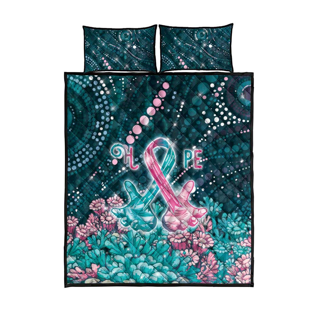 Hereditary Cancer Awareness Quilt Bed Set Hope Ribbon With Aussie Teal Duncan Coral