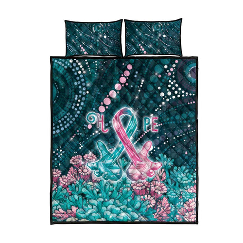 Hereditary Cancer Awareness Quilt Bed Set Hope Ribbon With Aussie Teal Duncan Coral