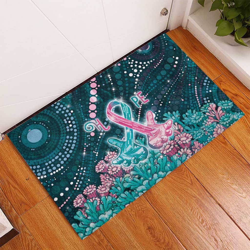Hereditary Cancer Awareness Rubber Doormat Hope Ribbon With Aussie Teal Duncan Coral