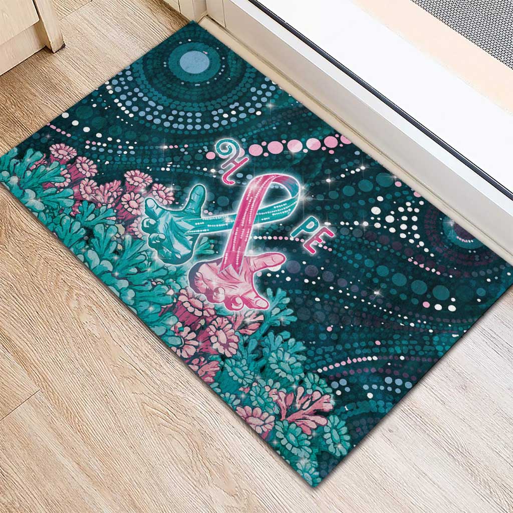Hereditary Cancer Awareness Rubber Doormat Hope Ribbon With Aussie Teal Duncan Coral