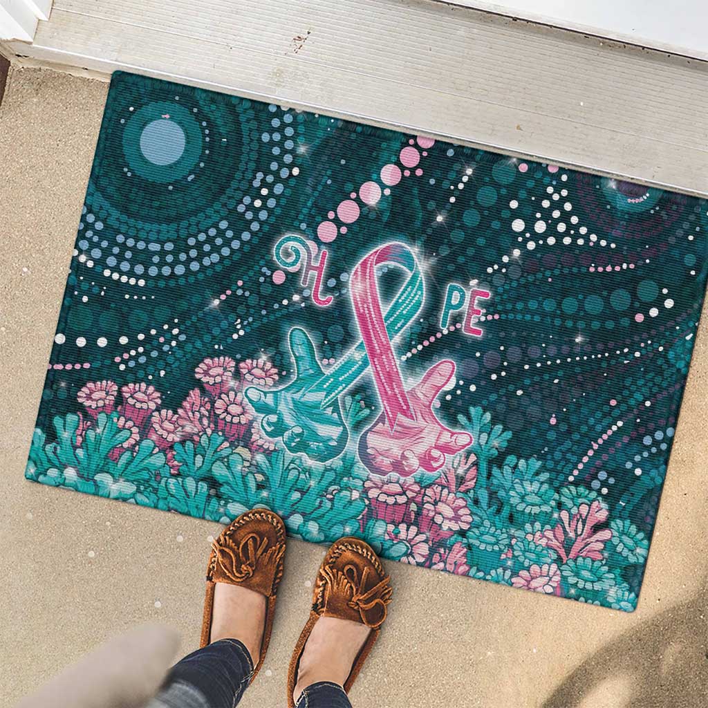 Hereditary Cancer Awareness Rubber Doormat Hope Ribbon With Aussie Teal Duncan Coral