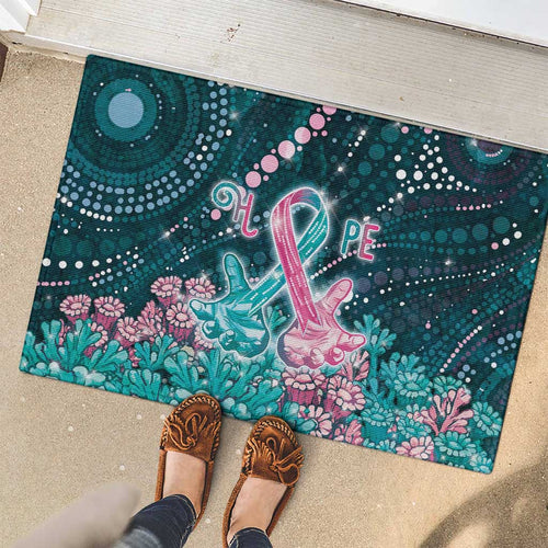 Hereditary Cancer Awareness Rubber Doormat Hope Ribbon With Aussie Teal Duncan Coral