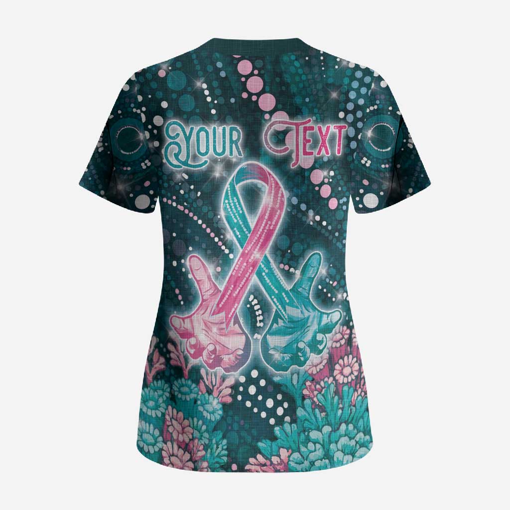 Personalised Hereditary Cancer Awareness Scrub Top Hope Ribbon With Aussie Teal Duncan Coral
