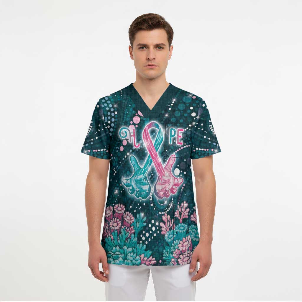 Personalised Hereditary Cancer Awareness Scrub Top Hope Ribbon With Aussie Teal Duncan Coral