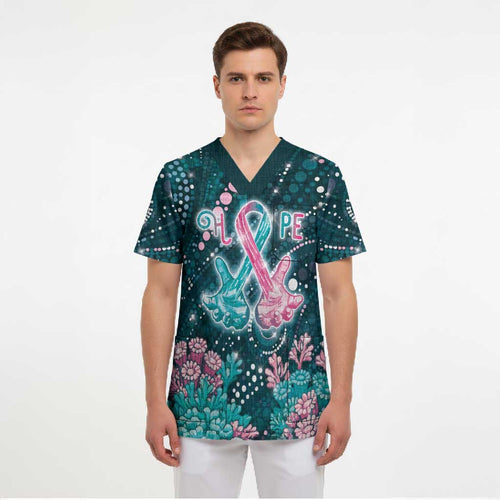 Personalised Hereditary Cancer Awareness Scrub Top Hope Ribbon With Aussie Teal Duncan Coral