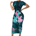 Personalised Hereditary Cancer Awareness Short Sleeve Bodycon Dress Hope Ribbon With Aussie Teal Duncan Coral