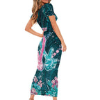 Personalised Hereditary Cancer Awareness Short Sleeve Bodycon Dress Hope Ribbon With Aussie Teal Duncan Coral