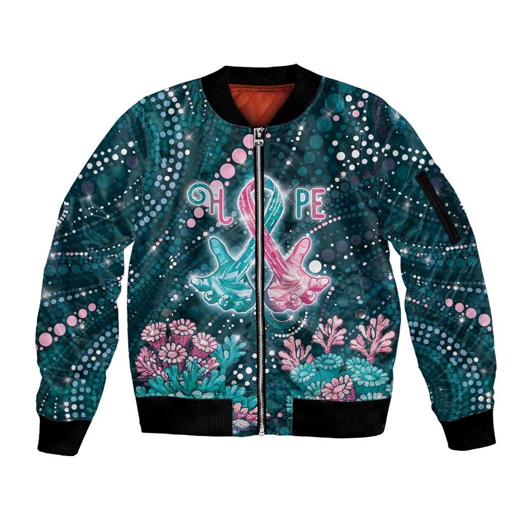 Personalised Hereditary Cancer Awareness Sleeve Zip Bomber Jacket Hope Ribbon With Aussie Teal Duncan Coral