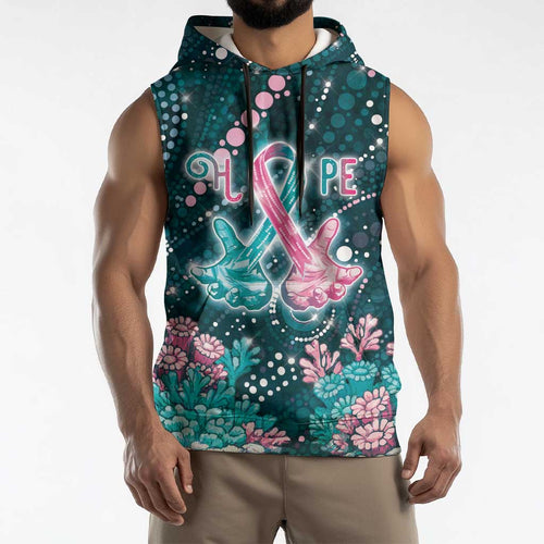 Personalised Hereditary Cancer Awareness Sleeveless Hoodie Hope Ribbon With Aussie Teal Duncan Coral
