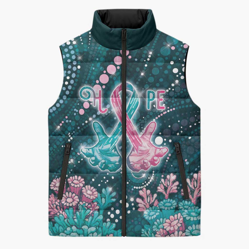 Personalised Hereditary Cancer Awareness Sleeveless Puffer Jacket Hope Ribbon With Aussie Teal Duncan Coral