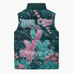 Personalised Hereditary Cancer Awareness Sleeveless Puffer Jacket Hope Ribbon With Aussie Teal Duncan Coral