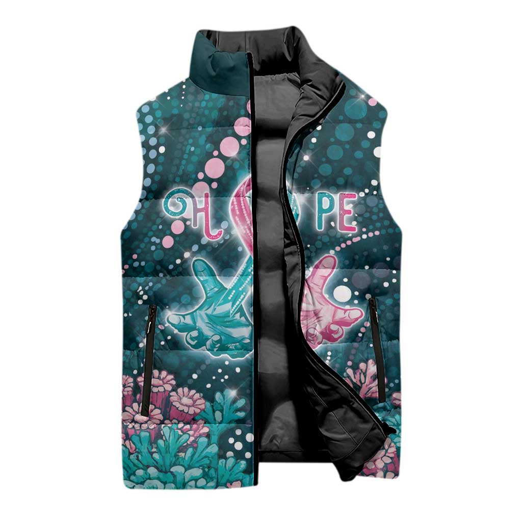 Personalised Hereditary Cancer Awareness Sleeveless Puffer Jacket Hope Ribbon With Aussie Teal Duncan Coral