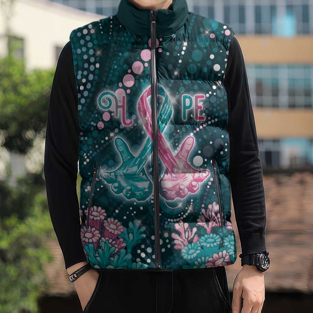 Personalised Hereditary Cancer Awareness Sleeveless Puffer Jacket Hope Ribbon With Aussie Teal Duncan Coral