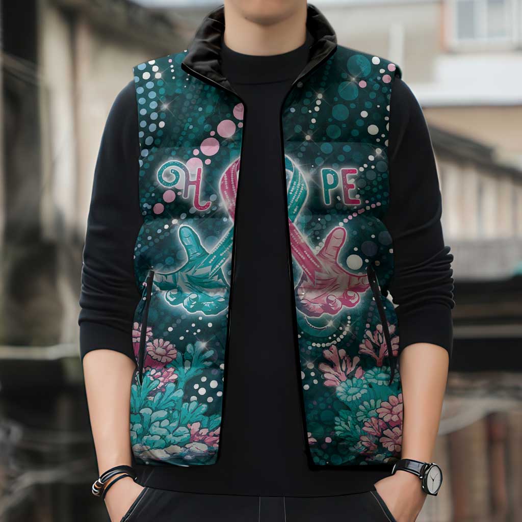 Personalised Hereditary Cancer Awareness Sleeveless Puffer Jacket Hope Ribbon With Aussie Teal Duncan Coral