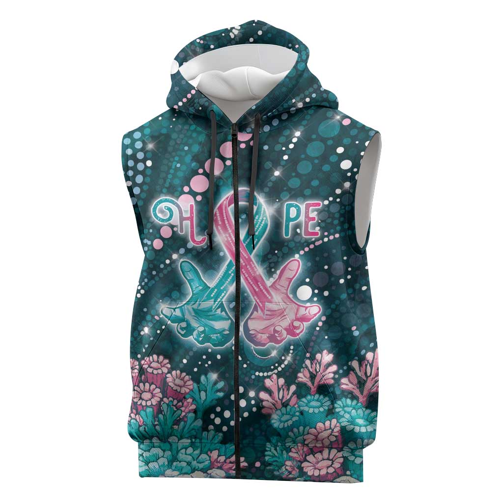 Personalised Hereditary Cancer Awareness Sleeveless Zip Hoodie Hope Ribbon With Aussie Teal Duncan Coral