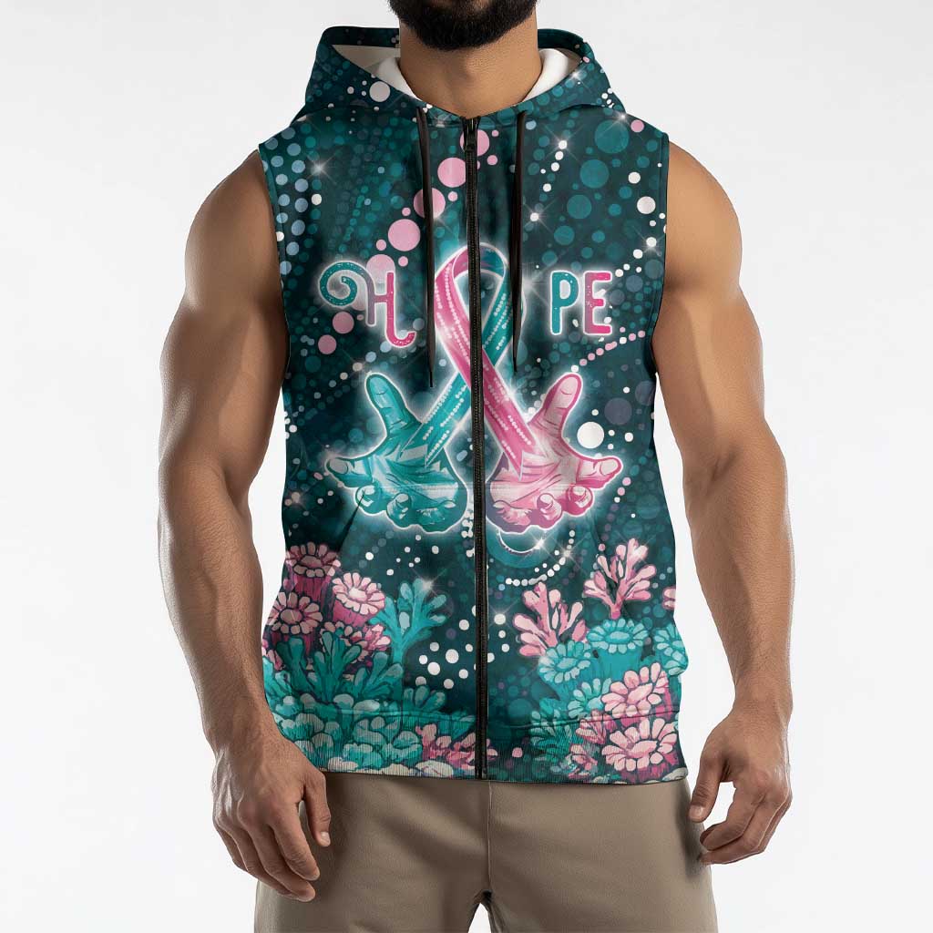 Personalised Hereditary Cancer Awareness Sleeveless Zip Hoodie Hope Ribbon With Aussie Teal Duncan Coral
