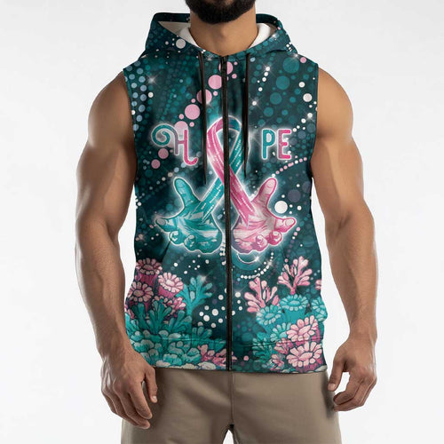 Personalised Hereditary Cancer Awareness Sleeveless Zip Hoodie Hope Ribbon With Aussie Teal Duncan Coral
