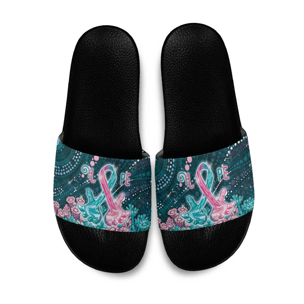 Hereditary Cancer Awareness Slide Sandals Hope Ribbon With Aussie Teal Duncan Coral