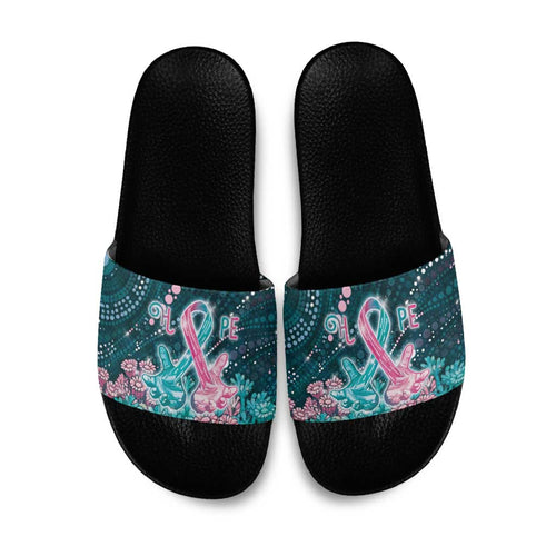 Hereditary Cancer Awareness Slide Sandals Hope Ribbon With Aussie Teal Duncan Coral