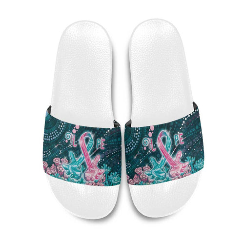Hereditary Cancer Awareness Slide Sandals Hope Ribbon With Aussie Teal Duncan Coral