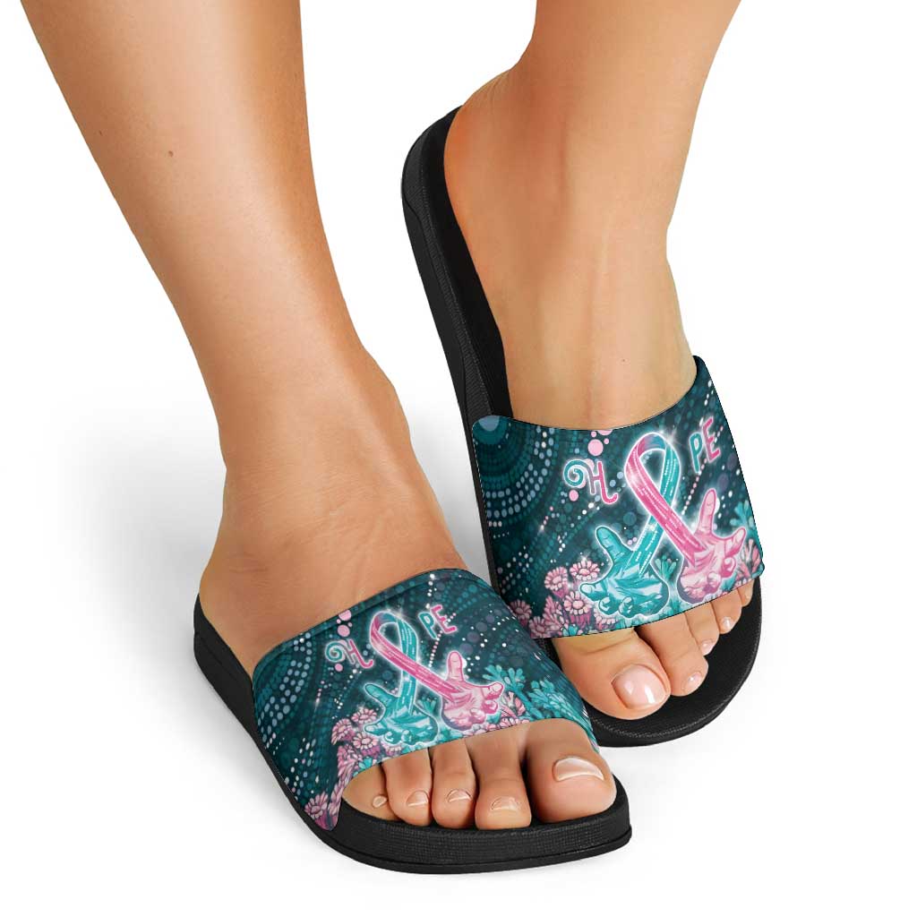Hereditary Cancer Awareness Slide Sandals Hope Ribbon With Aussie Teal Duncan Coral