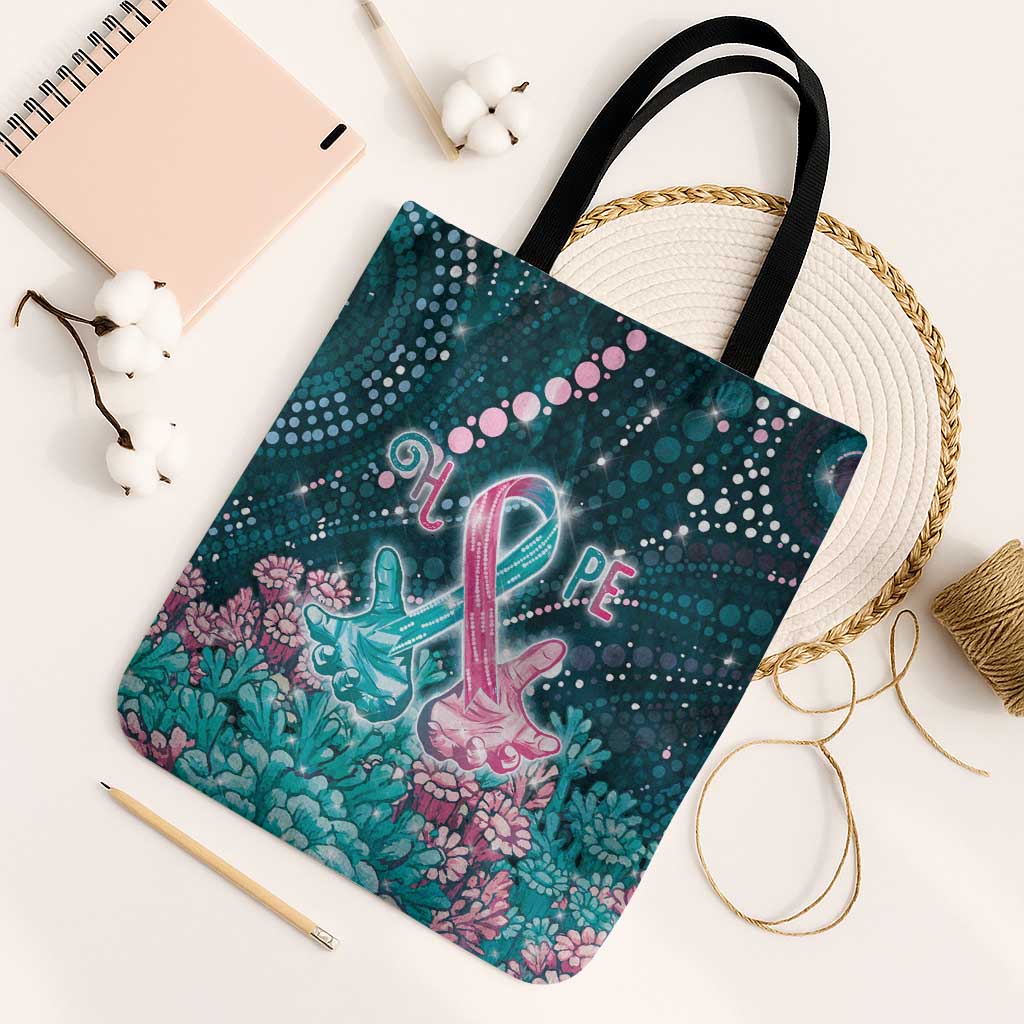 Hereditary Cancer Awareness Tote Bag Hope Ribbon With Aussie Teal Duncan Coral