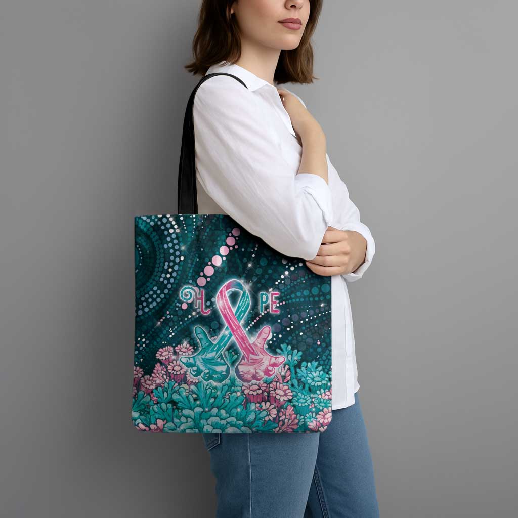 Hereditary Cancer Awareness Tote Bag Hope Ribbon With Aussie Teal Duncan Coral