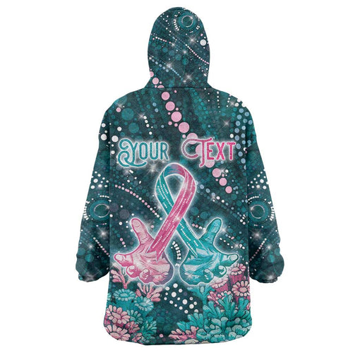 Personalised Hereditary Cancer Awareness Wearable Blanket Hoodie Hope Ribbon With Aussie Teal Duncan Coral