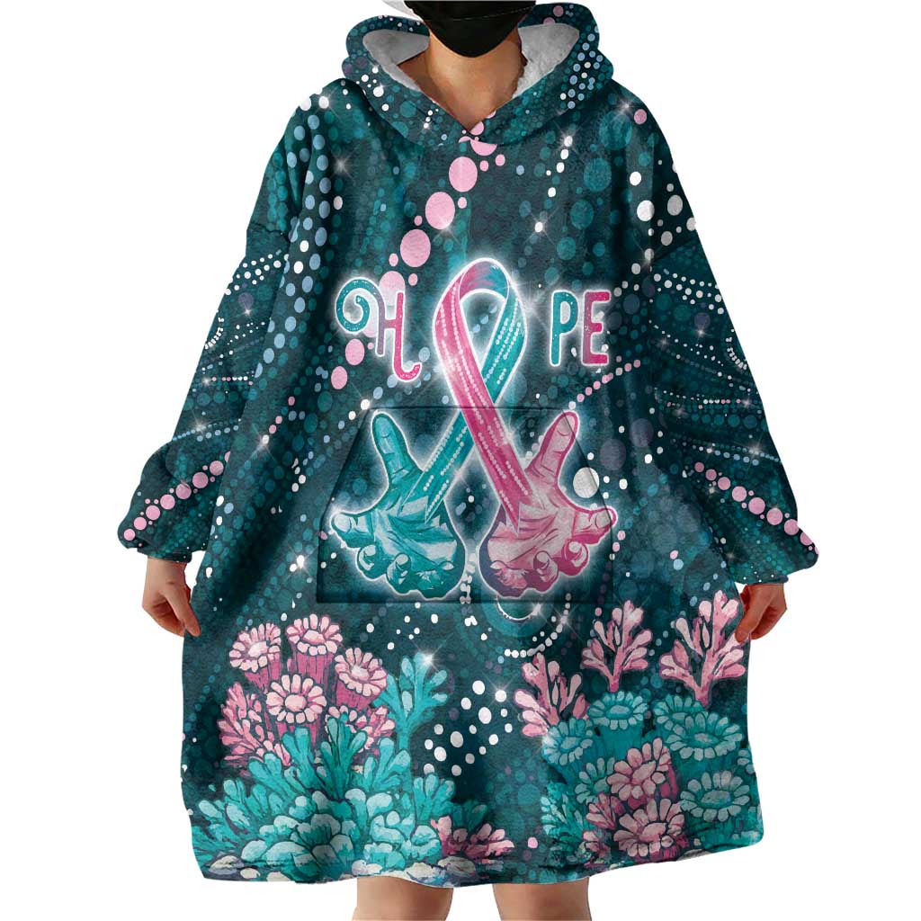 Personalised Hereditary Cancer Awareness Wearable Blanket Hoodie Hope Ribbon With Aussie Teal Duncan Coral